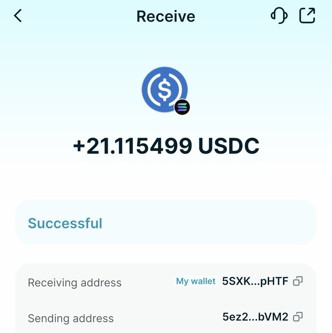 A crypto wallet 'Receive' screen shows a successful transaction of '+21.115499 USDC', with the receiving address labeled 'My wallet 5SXK...pHTF' and sending address '5ez2...bVM2'.