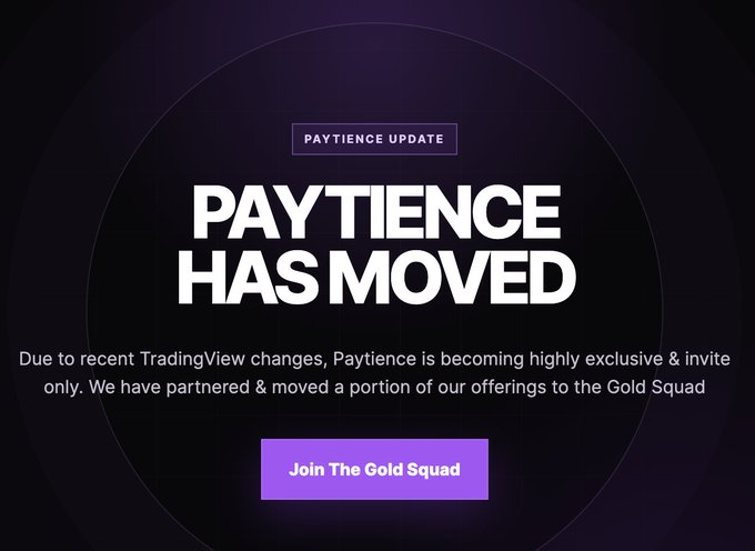 A promotional graphic announcing "PAYTINCE HAS MOVED" with a purple "Join The Gold Squad" call-to-action button. The accompanying post explains that Paytience has relocated its services and tools to Gold Squad in response to TradingView's new charges for invite-only users.
