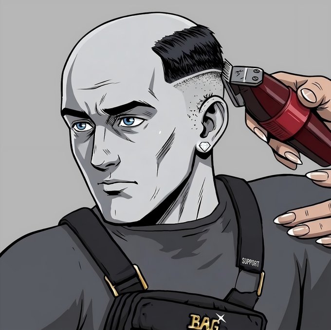 An anime-style illustration of a bald man getting a mohawk haircut with red clippers, wearing a chest rig labeled "SUPPORT" and "BAG".