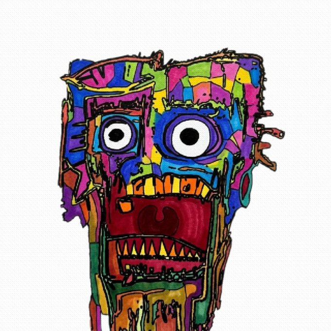 A colorful, abstract drawing of a grotesque, monstrous face with large round eyes, sharp jagged teeth, and a patchwork of bright colors including purple, blue, green, yellow, and red.