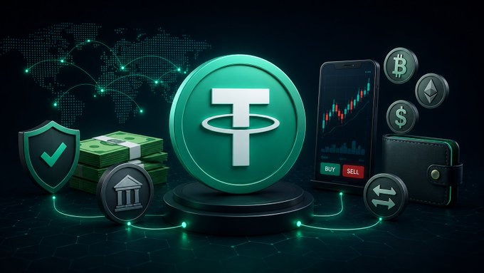 A digital promotional graphic featuring a glowing green Tether (USDT) coin in the center, surrounded by cryptocurrency symbols (Bitcoin, Ethereum), a smartphone showing a trading chart with BUY/SELL options, stacks of cash, a security shield, and a world map background with a network of glowing nodes.