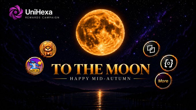 UniHexa 'TO THE MOON - HAPPY MID-AUTUMN' rewards campaign promotional graphic featuring a glowing orange moon over water with token icons.