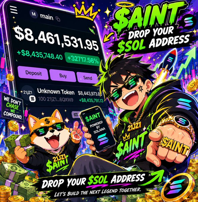 A vibrant anime-style promotional graphic for '$AINT - DROP YOUR $SOL ADDRESS' featuring a character with sunglasses, a Shiba Inu dog, and a phone displaying a balance of $8,461,531.95.