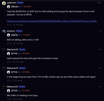 A dark-themed Discord chat showing comments from users spitcoin, onvros, and Maeson13 discussing $PITE and SPY investments, with red percentage drops visible.