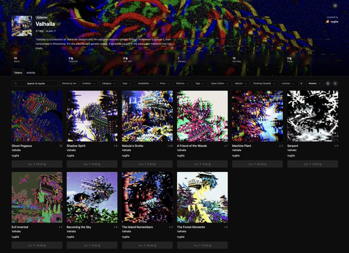 A screenshot of the "Valhalla" collection by artist nvgllia on objkt.com displays a grid of vibrant, glitch-like digital artworks titled "Ghost Pegasus," "Shadow Spirit," "Nebula's Grotto," and others, with prices ranging from 5 to 60 zł. The gallery page showcases 10 items, all minted from the same project, reflecting the artist's experimental and transformative creative practice mentioned in the post.