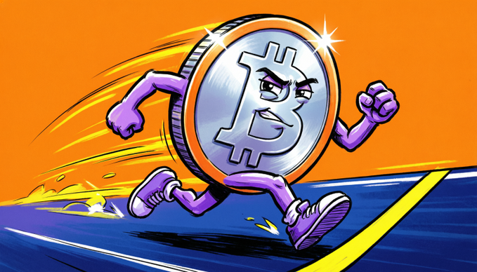 A muscular Bitcoin coin character with purple limbs and a determined expression sprints forward along a blue track against an orange background, visually symbolizing the cryptocurrency's rapid post-Fed rebound. The image's depiction of Bitcoin in mid-stride aligns with the post's question about whether the Federal Reserve's recent action triggered only a temporary relief bounce rather than the start of a sustained bull trend.