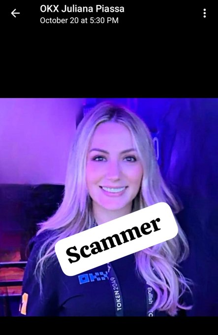 The image features a woman with blonde hair wearing a black shirt who appears to be smiling for the camera. The text "Scammer" is written above her head, indicating that she might be involved in some sort of online scam or scheme. The image also includes a caption stating that it was taken on October 20 at 5:30 PM and that the woman's name is Juliana.