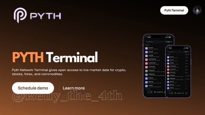 The image features an advertisement for PyTH Terminal, which is a financial data platform that allows users to access live market data for trading cryptocurrencies. The poster displays two phones side by side with the text "Pyth Terminal" written above them. The background of the poster has a dark brown color and includes a photo of a phone screen displaying various app icons. The caption below the image reads, "Focus on what is in the image and how it relates to the post".