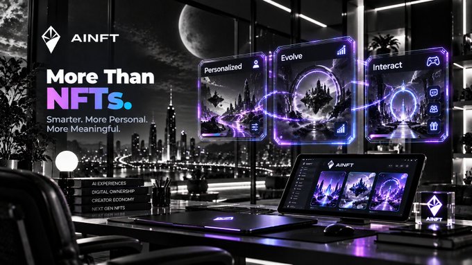 A promotional graphic for 'AINFT' featuring the tagline 'More Than NFTs. Smarter. More Personal. More Meaningful' with three digital cards labeled 'Personalized,' 'Evolve,' and 'Interact' displayed against a city skyline backdrop.