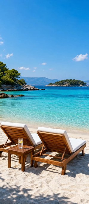 Two wooden lounge chairs with white cushions on a sandy beach, facing turquoise water and distant mountains under a clear blue sky.