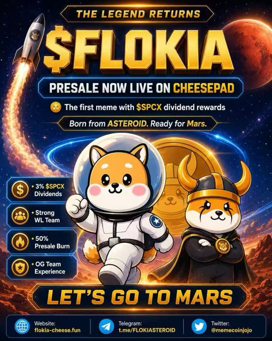 A promotional poster for the "$FLOKIA" meme coin presale on Cheesepad, featuring a cartoon Shiba dog astronaut and a Viking-helmeted cat against a space backdrop, highlighting features like 3% $SPCX dividends, a strong WL team, and 50% presale burn, with the slogan "Let's Go to Mars."
