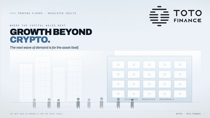 An advertisement banner for 'TOTO FINANCE' with the headline 'WHERE THE CAPITAL WALKS NEXT: GROWTH BEYOND CRYPTO. The next wave of demand is for the asset itself,' featuring illustrations of people and a grid of locked vaults.