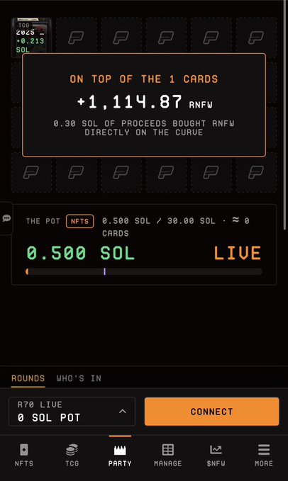 Mobile screenshot of a crypto/gaming app showing a transaction summary: '+1,114.87 RNFW on top of the 1 cards' with '0.30 SOL of proceeds bought RNFW directly on the curve.' Below shows a live pot of '0.500 SOL' with navigation tabs for NFTS, TCG, PARTY, MANAGE, $NFW, and MORE.
