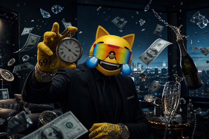 An AI-generated image of a figure wearing a suit and a yellow cat emoji mask with rainbow sunglasses, holding up a pocket watch while money, diamonds, and a champagne bottle float in a dark, luxurious setting.