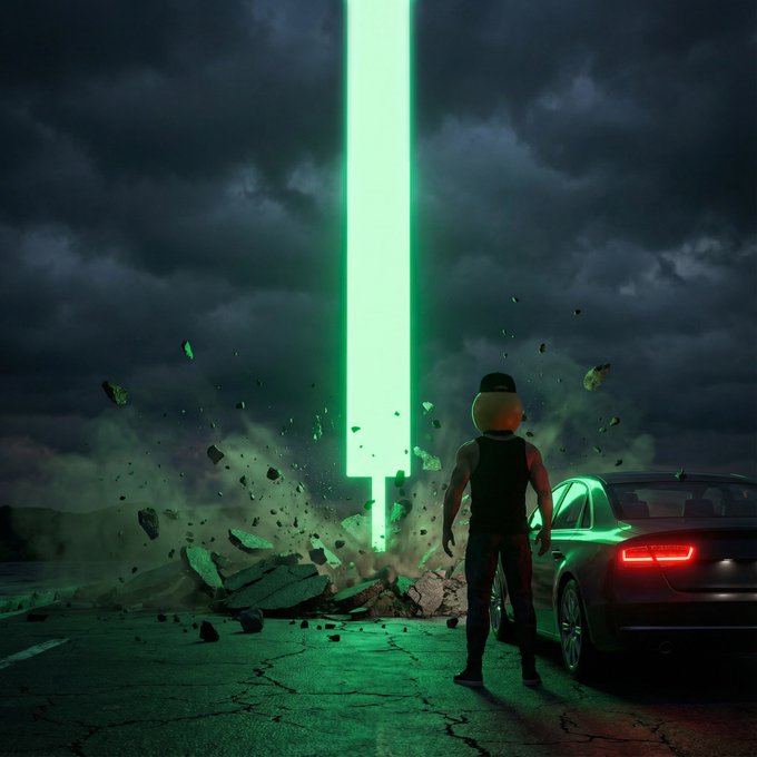 A digital artwork shows a person with a pumpkin-like head standing next to a car, facing a massive glowing green beam crashing down from a stormy sky.