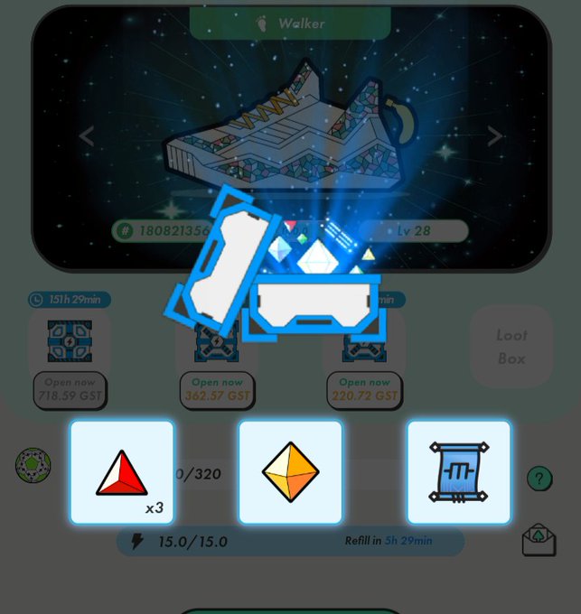 A screenshot from the #STEPN app showing a sneaker collection screen featuring a pair of highlighted "Walker" level 28 sneakers, with loot box options displaying 718.59 GST, 362.37 GST, and 220.72 GST rewards, and inventory icons showing x3 red gems, yellow gems, and sneaker fragments at the bottom. The image relates to the post "ありがてぇ" (a Japanese expression of gratitude), likely expressing appreciation for receiving these sneaker items or loot box rewards in the STEPN move-to-earn game.