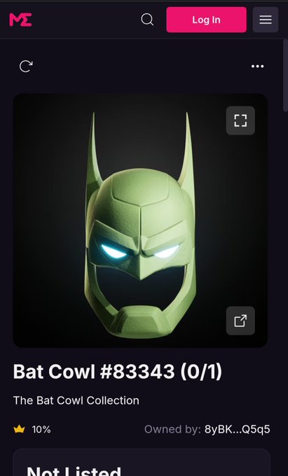 The image shows a phone screen displaying an advertisement for a collection of batcows, specifically the GM Batfam collection. The bats are described as "not listed" or "not sold", indicating that they might be available for purchase but not yet listed on the website. The image also features a green bat helmet with blue lights and a black background, which is likely used in the advertisement to draw attention to the bats.