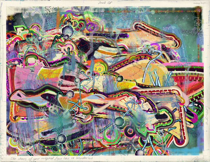 An abstract mixed-media artwork with chaotic layers of pink, green, blue, and yellow colors, featuring ball-and-stick molecular or atomic structures overlaid on the composition.