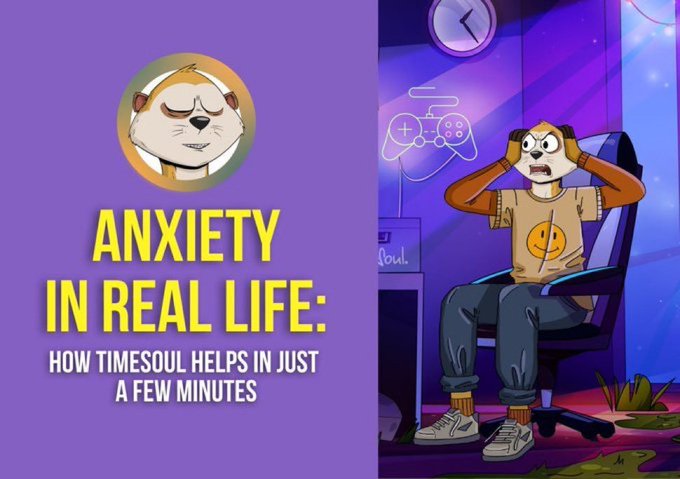A purple promotional graphic titled 'ANXIETY IN REAL LIFE: HOW TIMESOUL HELPS IN JUST A FEW MINUTES', featuring cartoon dog characters, one looking stressed at a gaming setup.