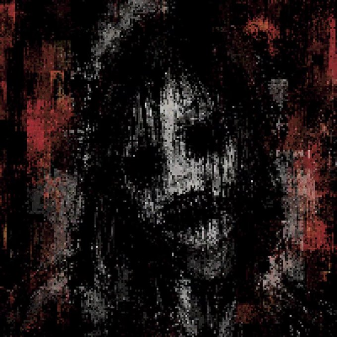 A dark, heavily distorted and grainy image featuring a face-like shape emerging from shadows with red splatter effects around the edges.