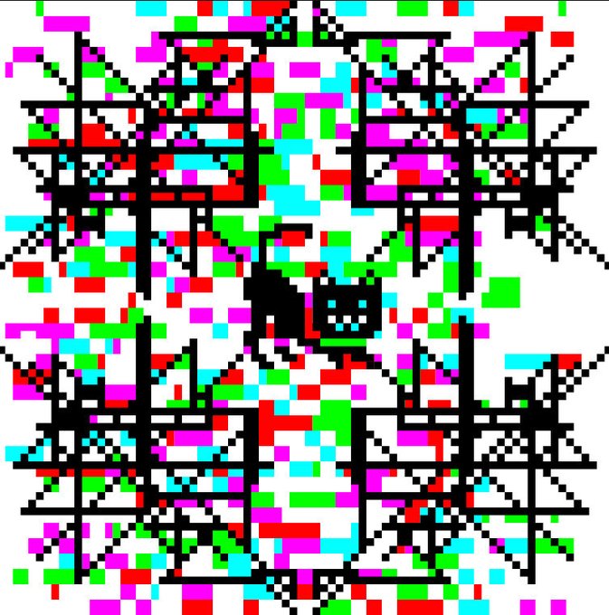 A chaotic pixel art image featuring a central black blocky cat character surrounded by brightly colored neon pink, green, and blue squares and glitch-like black structures.
