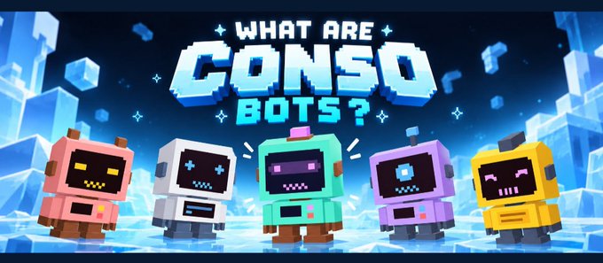 A pixel-art banner titled "WHAT ARE CONSO BOTS?" featuring five colorful robot characters against a blue crystalline background.