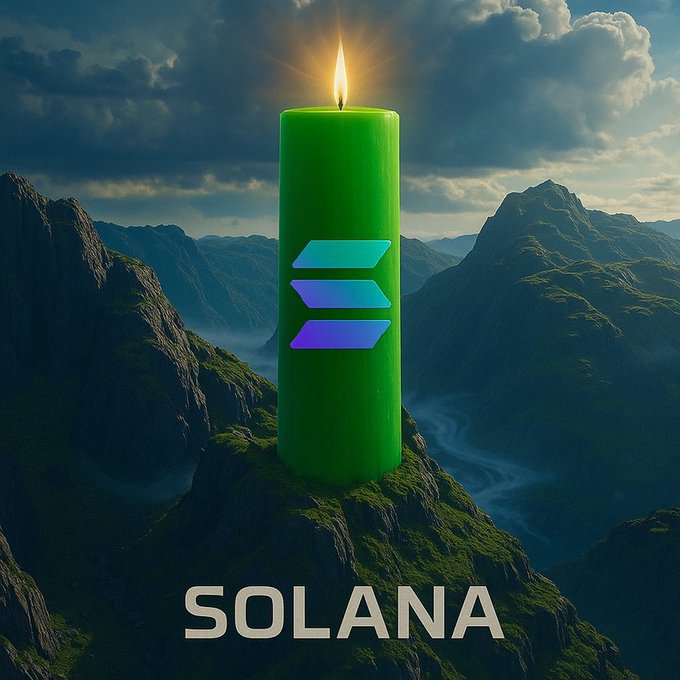 A glowing green candle bearing the Solana (SOL) logo stands atop a misty mountain peak, symbolizing the dramatic price surge referenced in "god candles are coming." The radiant flame piercing the clouds evokes the meteoric, larger-than-life rally the post anticipates.