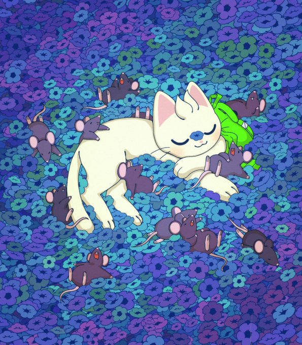 A cartoon illustration of a white cat sleeping peacefully surrounded by numerous small black mice on a bed of blue and purple flowers.