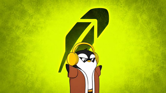 A cool cartoon penguin wearing yellow headphones and sunglasses stands against a bright yellow background featuring a black upward arrow, visually representing Robinhood's mascot and a bullish market trend. The image complements the post's discussion of the Robinhood Chain's NFT market dynamics and shake-out phase following numerous launches.