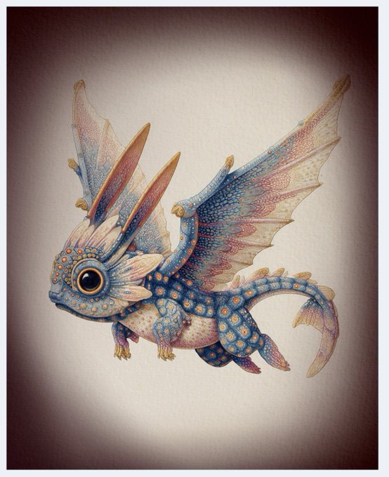 A detailed fantasy illustration depicts a small, colorful dragon-like creature with blue and pink scales, large translucent wings, and prominent rabbit-like ears against a brown gradient background.