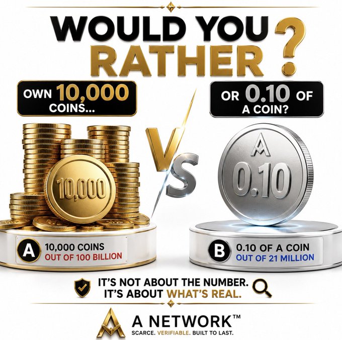 A promotional graphic for "A Network" poses the choice between owning 10,000 coins (out of 100 billion) or 0.10 of a coin (out of 21 million), with the tagline "It's not about the number. It's about what's real," visually contrasting a large stack of gold coins labeled "10,000" against a single silver coin marked "0.10." The image reinforces the post's message about the psychological trap of valuing quantity over scarcity, highlighting how owning a fractional piece of a scarce asset can be more valuable than owning many units of an abundant one.