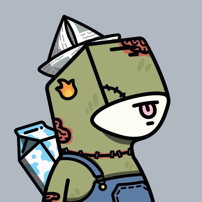 A cartoon zombie-like whale character wearing a tattered paper hat, patched hood, and overalls with a stitched scar and exposed brain, holding a carton of milk. The image pairs with the post "Zombie Whale Sells 0.015E 3h ago!" to humorously depict a bearish crypto whale who just sold 0.015 ETH, embodying the "zombie" persona of a worn-out trader.