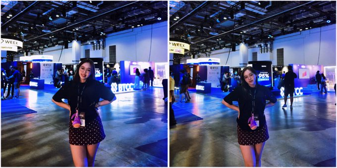 Two nearly identical photos of a young woman in a black polka-dot dress standing at what appears to be a WEEX crypto event or convention.