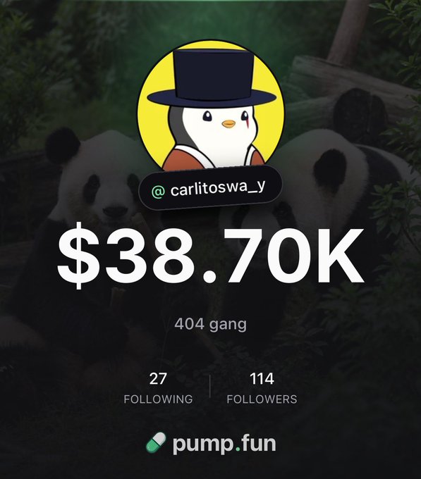 Profile card showing the handle @carlitoswa_y with a penguin mascot in a top hat, displaying a $38.70K value, '404 gang' caption, 27 following and 114 followers, with a pump.fun logo at the bottom.