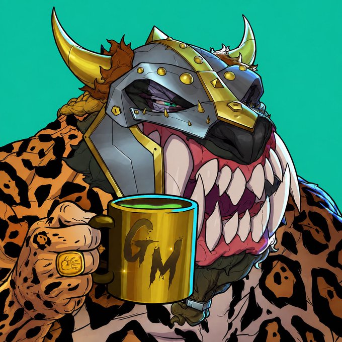 A stylized digital illustration depicts a fierce, muscular anthropomorphic leopard with sharp fangs, wearing a horned metal helmet and holding a gold mug marked 'GM'.