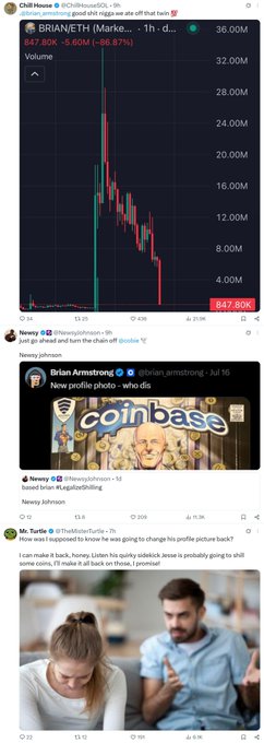 A screenshot of social media posts showing a 90% price decline on "BNB/USDT (Marke..." to $847.80K, featuring tweets from Brian Armstrong (Coinbase CEO), Mr. Turtle, and Nevey Johnson discussing crypto volatility. The post likely highlights algorithmic trading or market reactions during Q3 2026, capturing sentiment around significant crypto price swings.