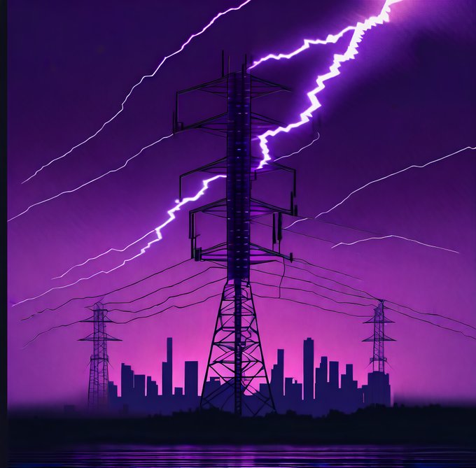 A stylized purple illustration of power transmission towers silhouetted against a city skyline, with bright purple lightning bolts striking the central tower.