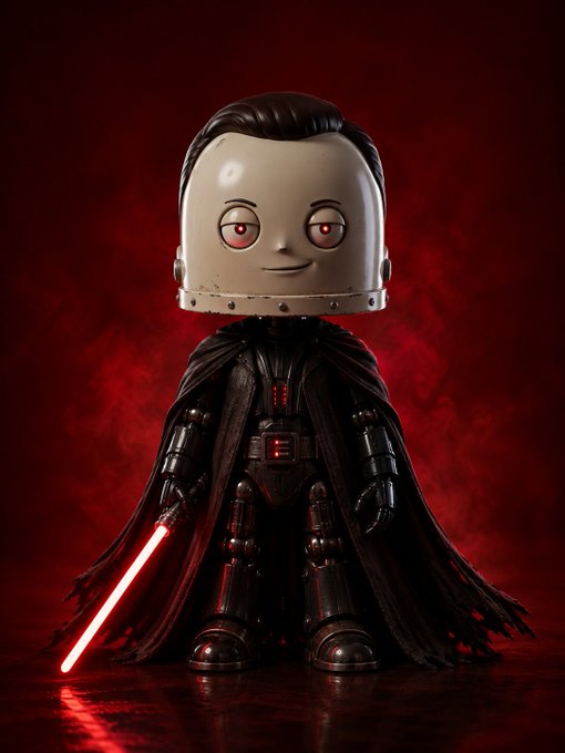 A 3D rendered figure resembling a stylized Darth Vader with a cartoonish, oversized pale head, wearing a black cape and suit with red accents, holding a red lightsaber against a smoky red background.