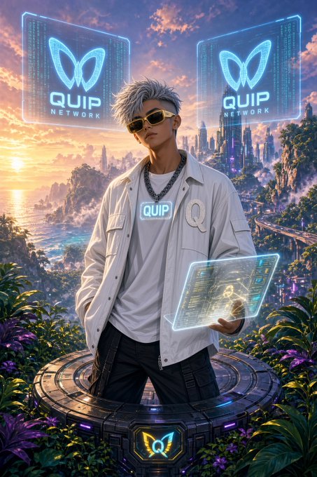Another digital artwork similar to Image 3, featuring a young man with white hair and sunglasses on a pedestal holding a holographic display, with 'QUIP NETWORK' butterfly logo holograms.