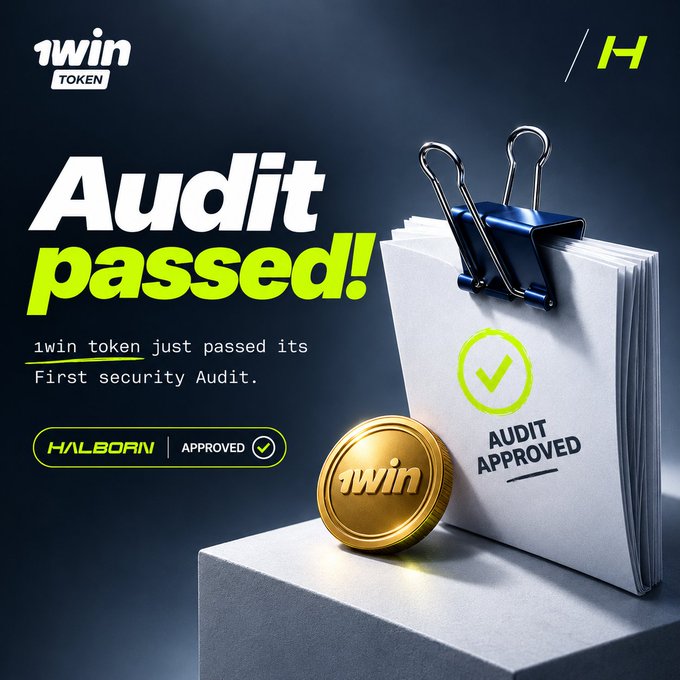 A promotional graphic for '1WIN TOKEN' announcing 'Audit passed!' by Halborn, featuring a gold '1win' coin and a clipboard marked 'AUDIT APPROVED'.