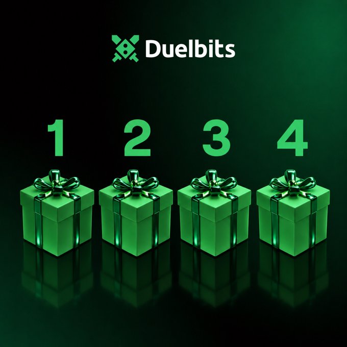 A promotional image featuring four numbered green gift boxes (1-4) under the "Duelbits" logo, inviting viewers to pick a number from 1 to 4 in an interactive giveaway that requires following the accounts @Unemployydd and @Duelbits and dropping a SOL wallet.