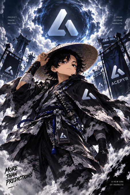 Anime-style artwork for 'ACEPYR' featuring a character in traditional warrior attire with a straw hat, surrounded by clouds and branded flags, with the tagline 'More than predictions'.