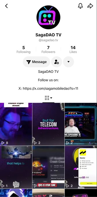 TikTok profile page for SagaDAO TV (@sagadao.tv) showing 5 Following, 7 Followers, 14 Likes, with a Message button and a grid of video thumbnails below.