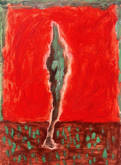 An abstract expressionist painting featuring a tall, slender green and white tree-like figure against a vibrant red background with small green strokes on the brown ground below.