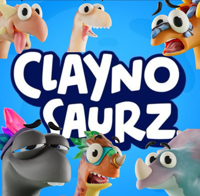 A promotional graphic with the text 'CLAYNO SAURZ' surrounded by various cartoonish claymation dinosaur characters.