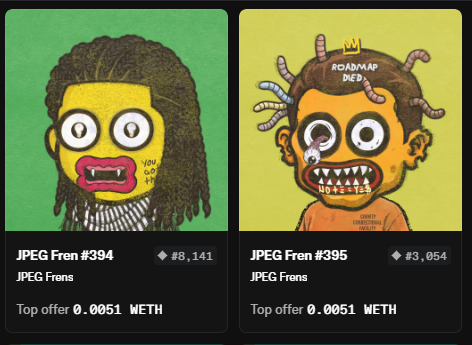 Two NFT cartoon characters displayed on a marketplace: 'JPEG Fren #394' with a top offer of 0.0051 WETH and 8,141 favorites, and 'JPEG Fren #395' with a top offer of 0.0051 WETH and 3,054 favorites, both labeled 'JPEG Frens'.