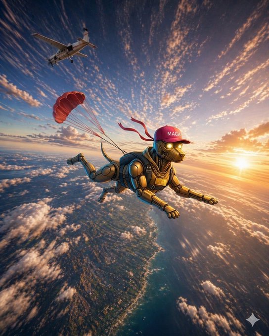 The image features a robot dog wearing a red hat flying through the air with a parachute attached to its back. The sky around them has clouds, creating an interesting contrast between the man-made robot and the natural elements of the sky. The caption provided seems unrelated to the image itself but is likely meant to be humorous or thought-provoking.