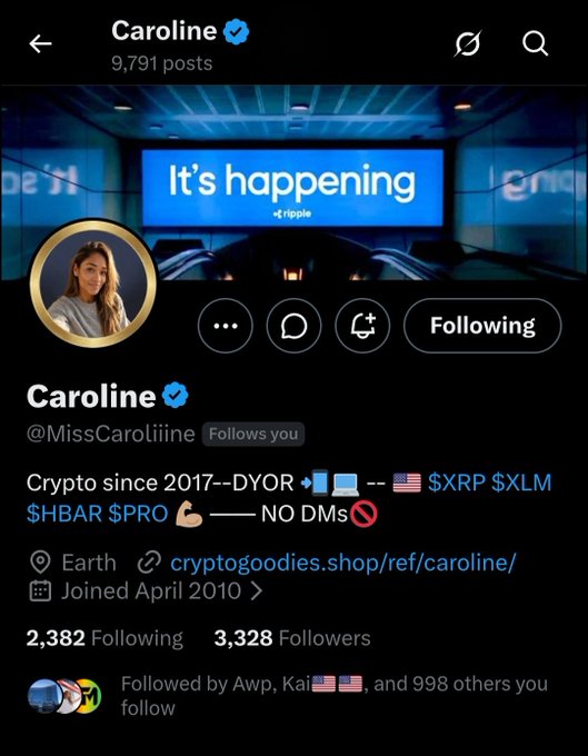 A screenshot of Caroline's (@MissCaroliiine) verified X/Twitter profile, showing her banner reading "It's happening" with the Ripple logo, a bio listing her crypto interests (XRP, XLM, HBAR, PRO) since 2017, and 3,328 followers—matching the post's shoutout request for an XRP HODLer.