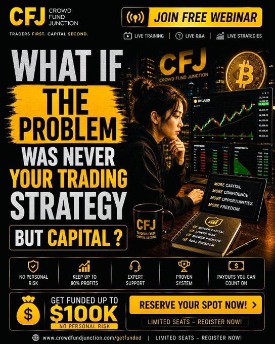 A 'CFJ Crowd Fund Junction' advertisement asking 'WHAT IF THE PROBLEM WAS NEVER YOUR TRADING STRATEGY BUT CAPITAL?' promoting a free webinar and offering funding up to $100K with no personal risk.