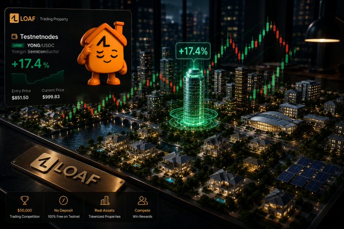 A promotional graphic for LOAF token on Solana showing +17.4% gains, an orange mascot character, and a futuristic cityscape with a holographic green building.